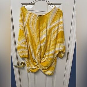Women’s Scoop Neck Tropical Gathered Waist Blouse Gold Yellow Size XL